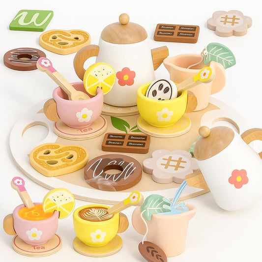 JOOMLAFLY wooden teapot with lid for tiny hands and safe pretend tea parties.