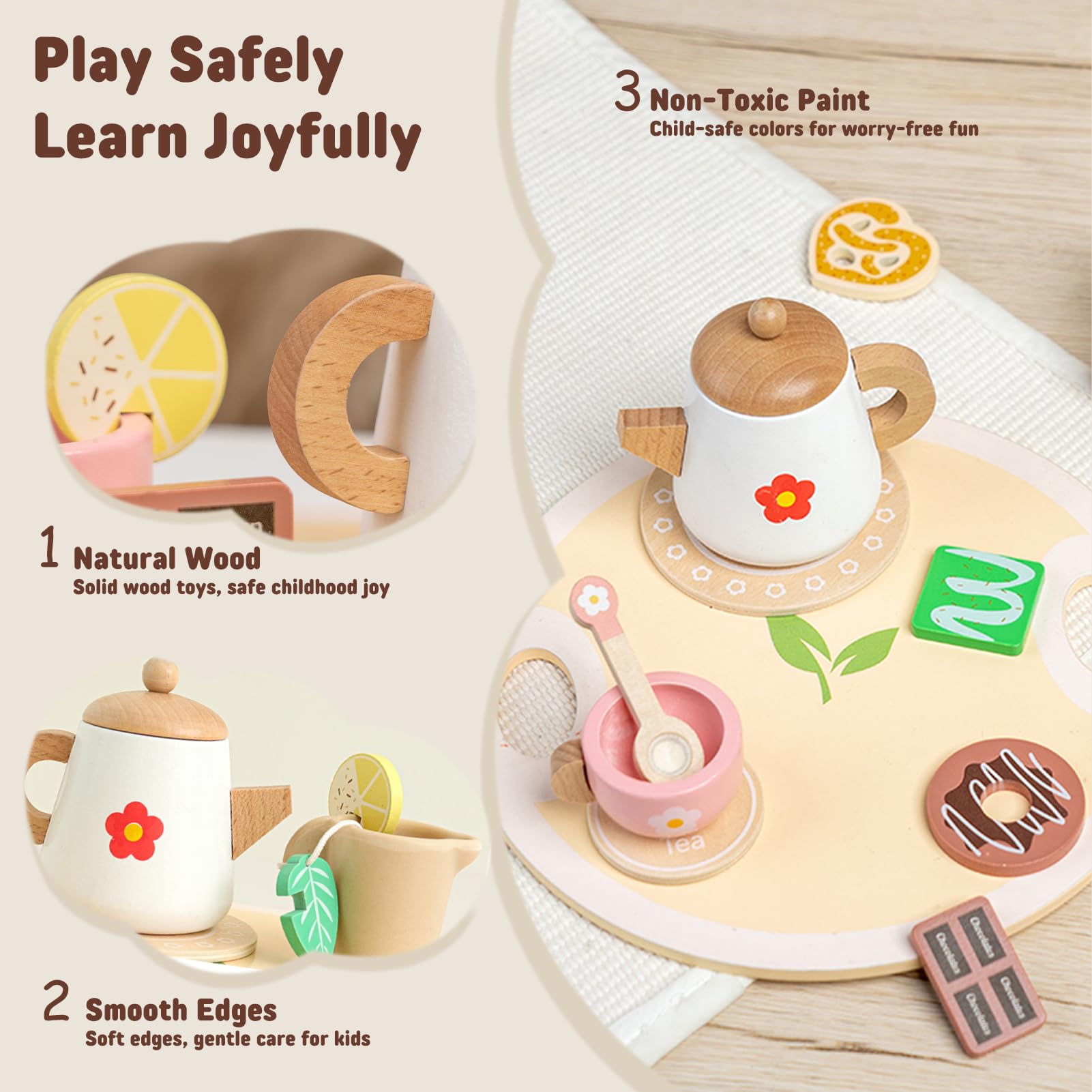 JOOMLAFLY wooden tea set tray keeps playtime tidy and accessible.