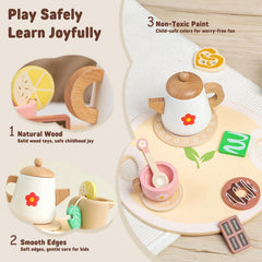 JOOMLAFLY wooden tea set tray keeps playtime tidy and accessible.