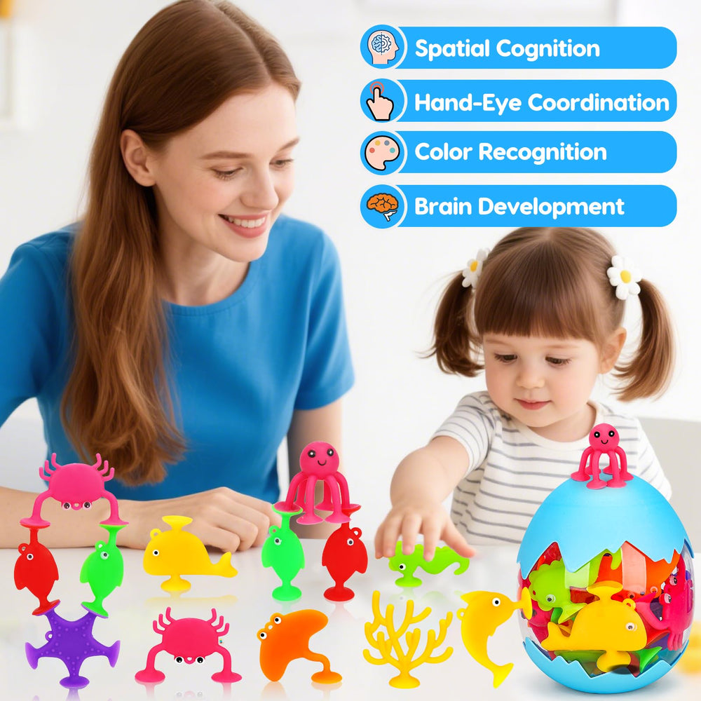 Joosharkidz octopus suction cup bath toy with multiple grip points for stacking.