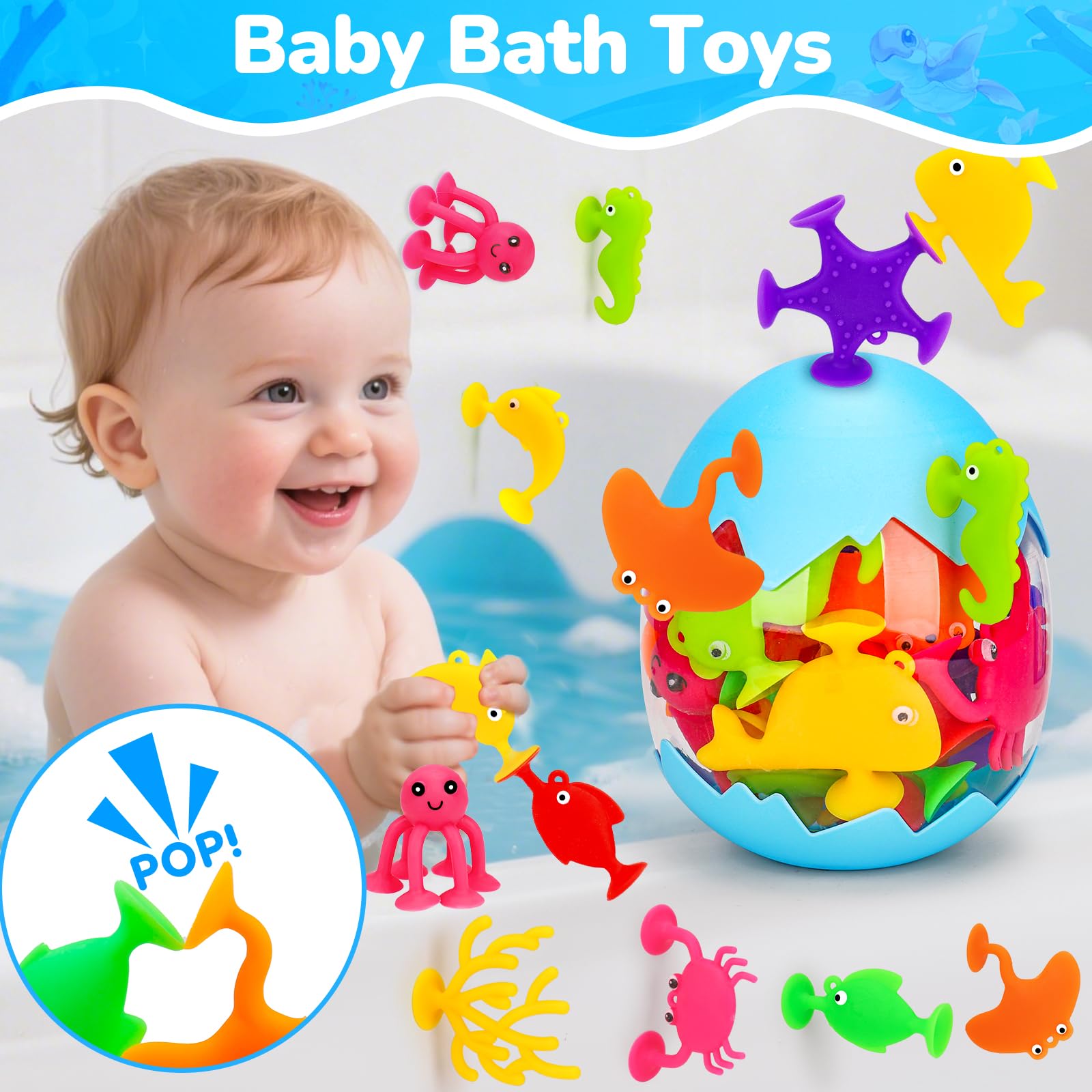 Joosharkidz seahorse suction cup bath toy sticks to surfaces for creative stacking.