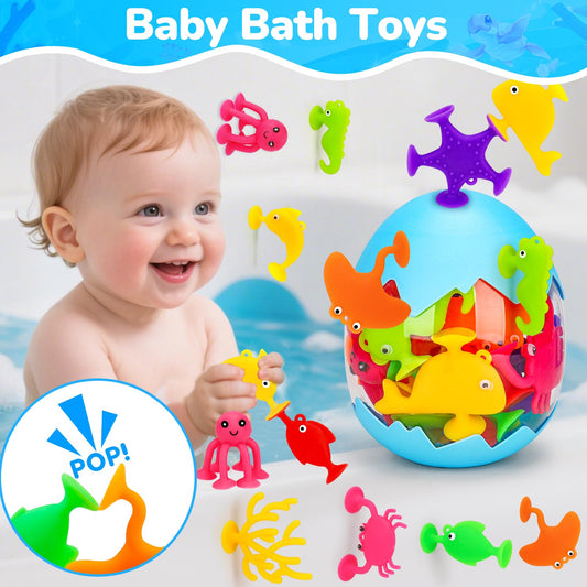 Joosharkidz seahorse suction cup bath toy sticks to surfaces for creative stacking.