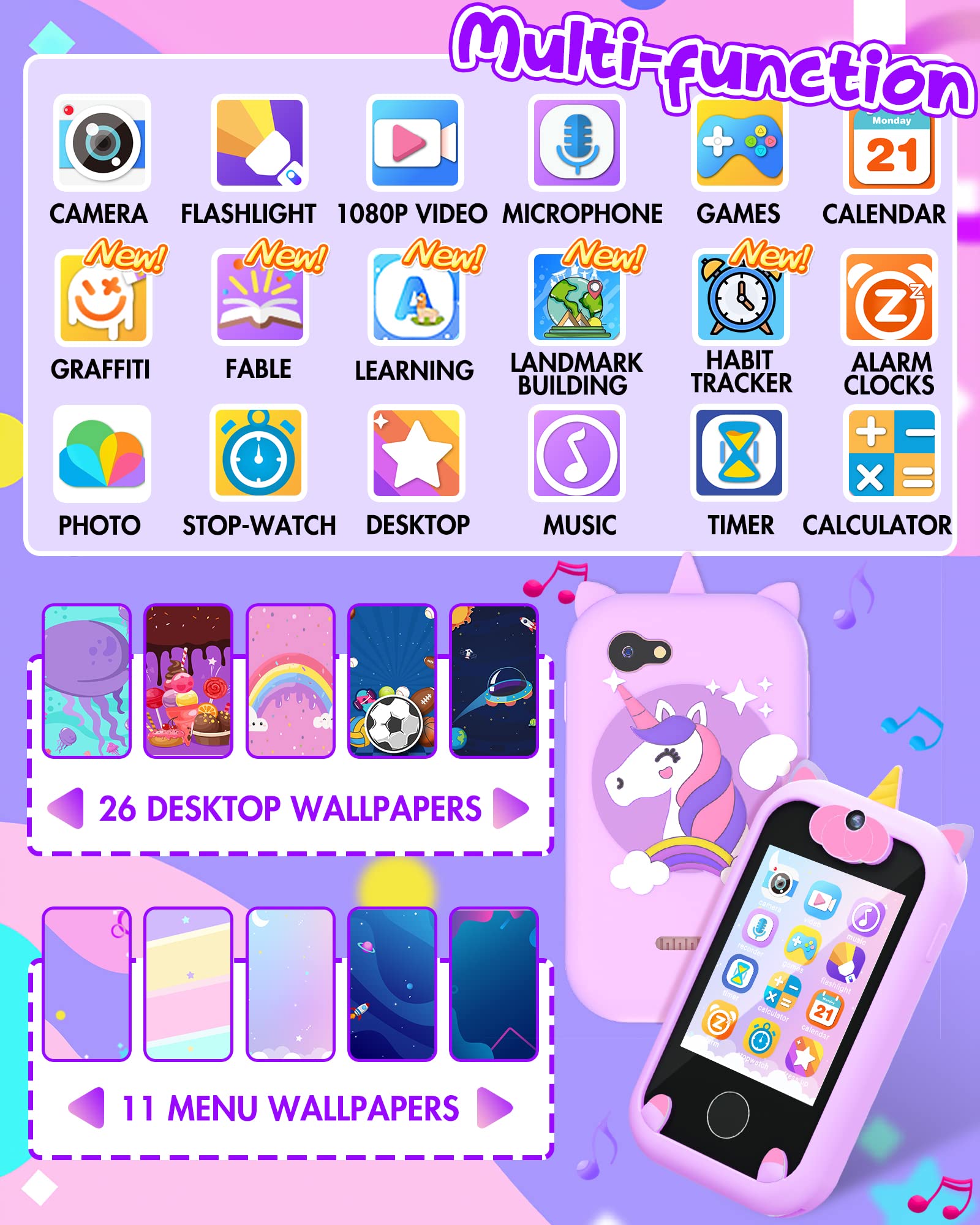 Joozfee Kids Smart Phone Purple back view, sturdy shell for daily play