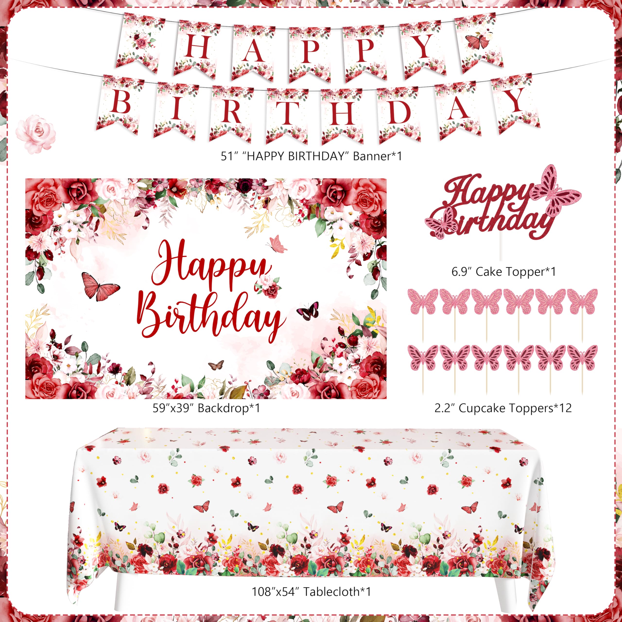 JOPHMO happy birthday banner adds festive burgundy text and shine