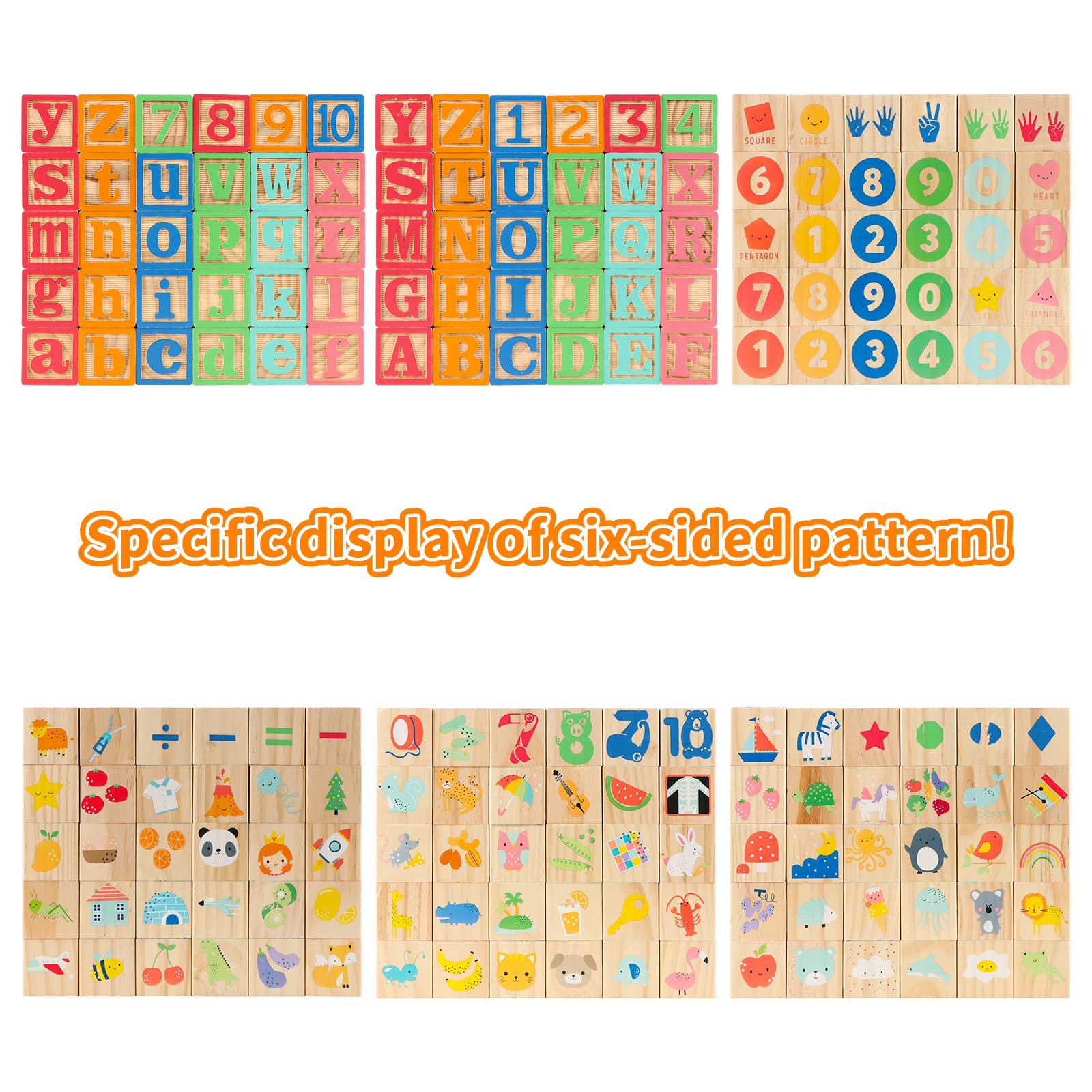 Colorful Joqutoys blocks displaying patterns, animals, and fruits.