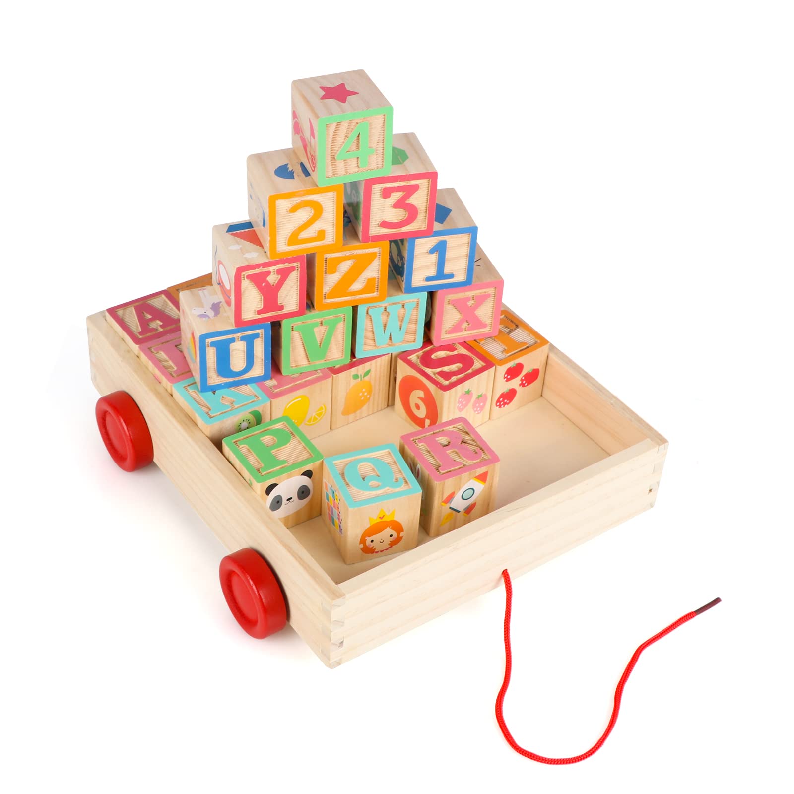 Gift-ready Joqutoys wooden block set in a box with wagon.