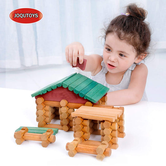 Joqutoys wooden cabin log set sparks creative construction and early spatial awareness.