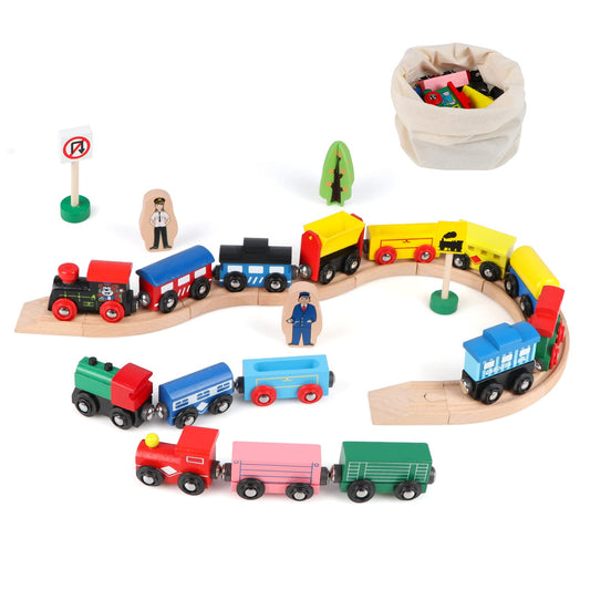Joqutoys wooden train cars 15-vehicle set on track boosts imaginative play