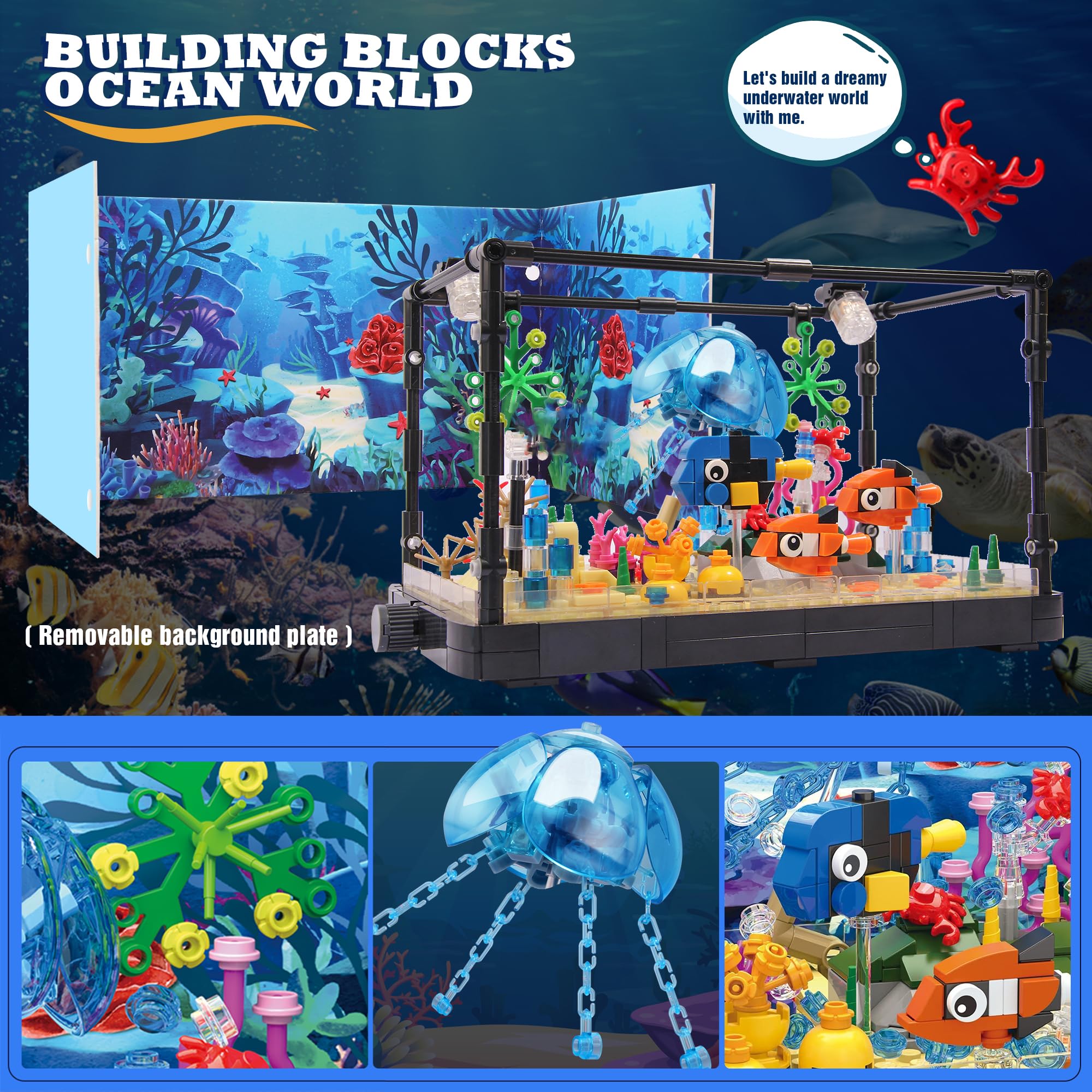 Jorumo ocean coral blocks create a realistic reef backdrop with vibrant sea life.