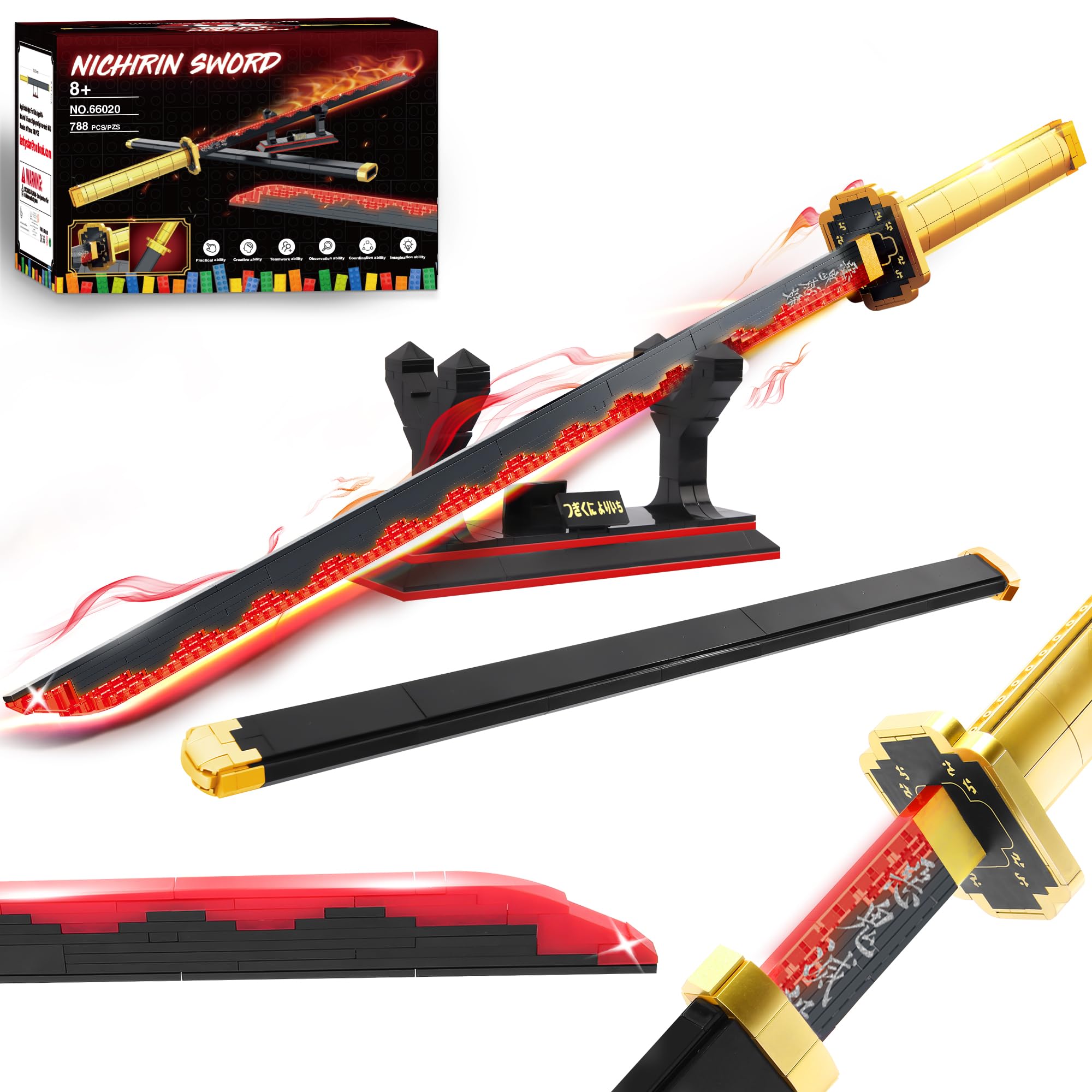 Jorumo Yoriichi sword building set showing the 39-inch blade and display stand ready for cosplay