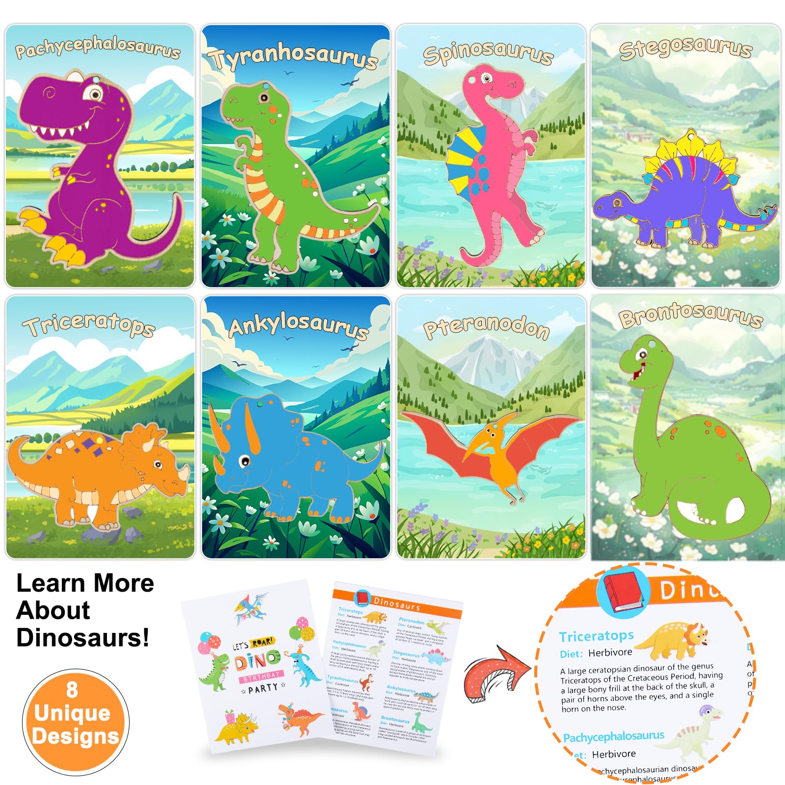 Educational dinosaur cards help kids learn names while coloring.