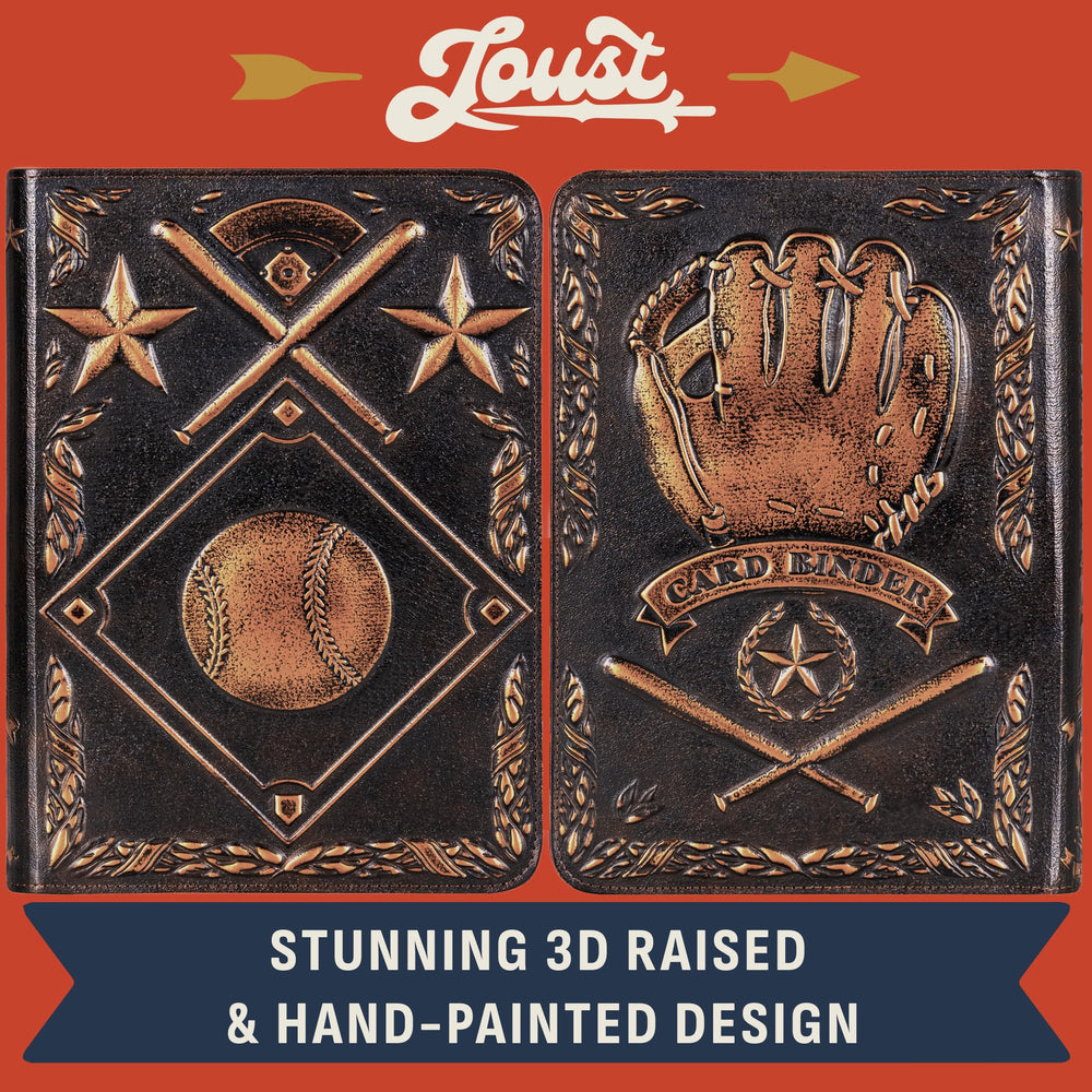 Joust Baseball Card Binder 3D spine detail highlights sturdy construction for easy shelving.
