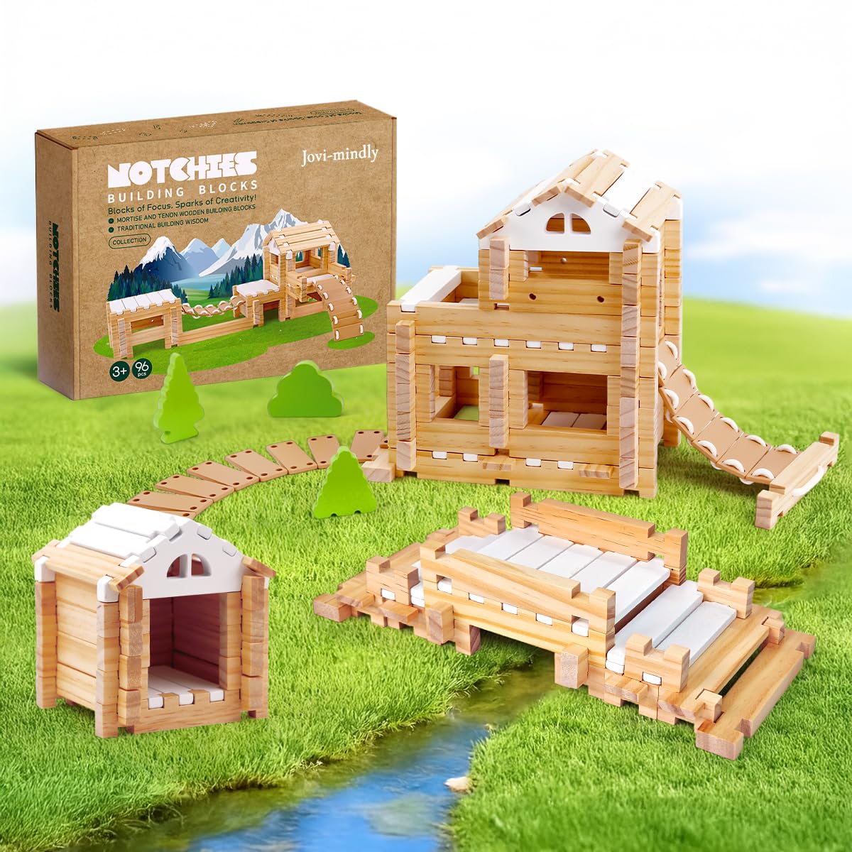 Jovi-mindly 96-pcs wooden blocks with storage bag for organized, screen-free play.