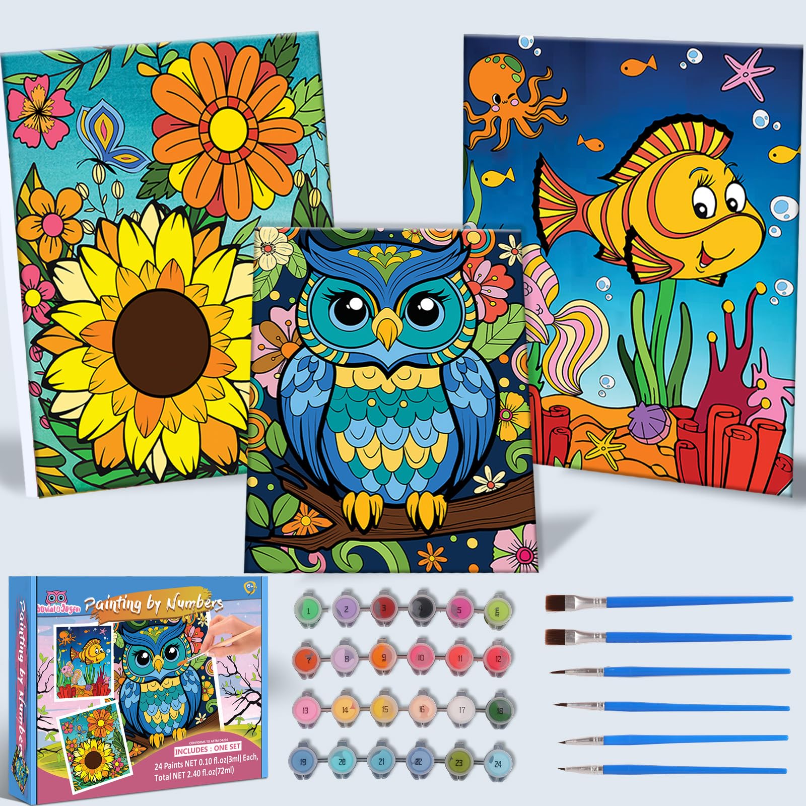 Jovial & Joyful paint by number kit 3-pack pots with vibrant colors for kid-friendly projects.