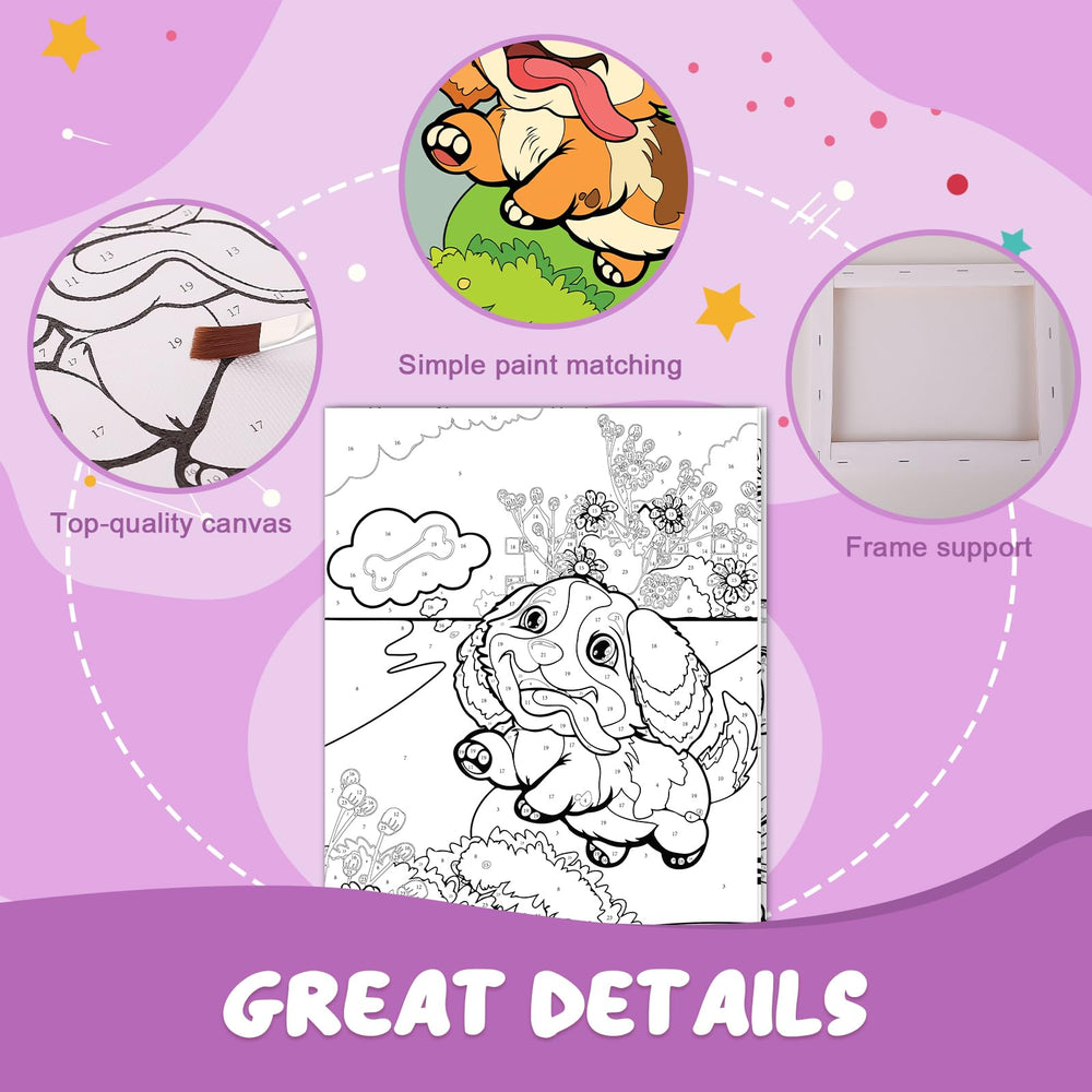 Jovial & Joyful six brushes included for precise painting on kids' canvases.
