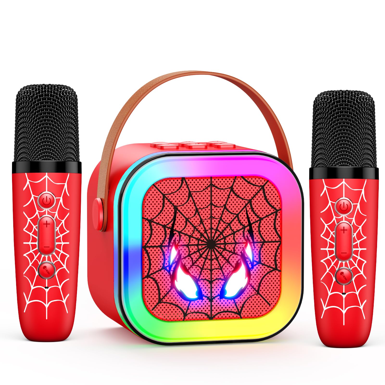 JovialToyz LED karaoke machine front view with vibrant lights for family fun.