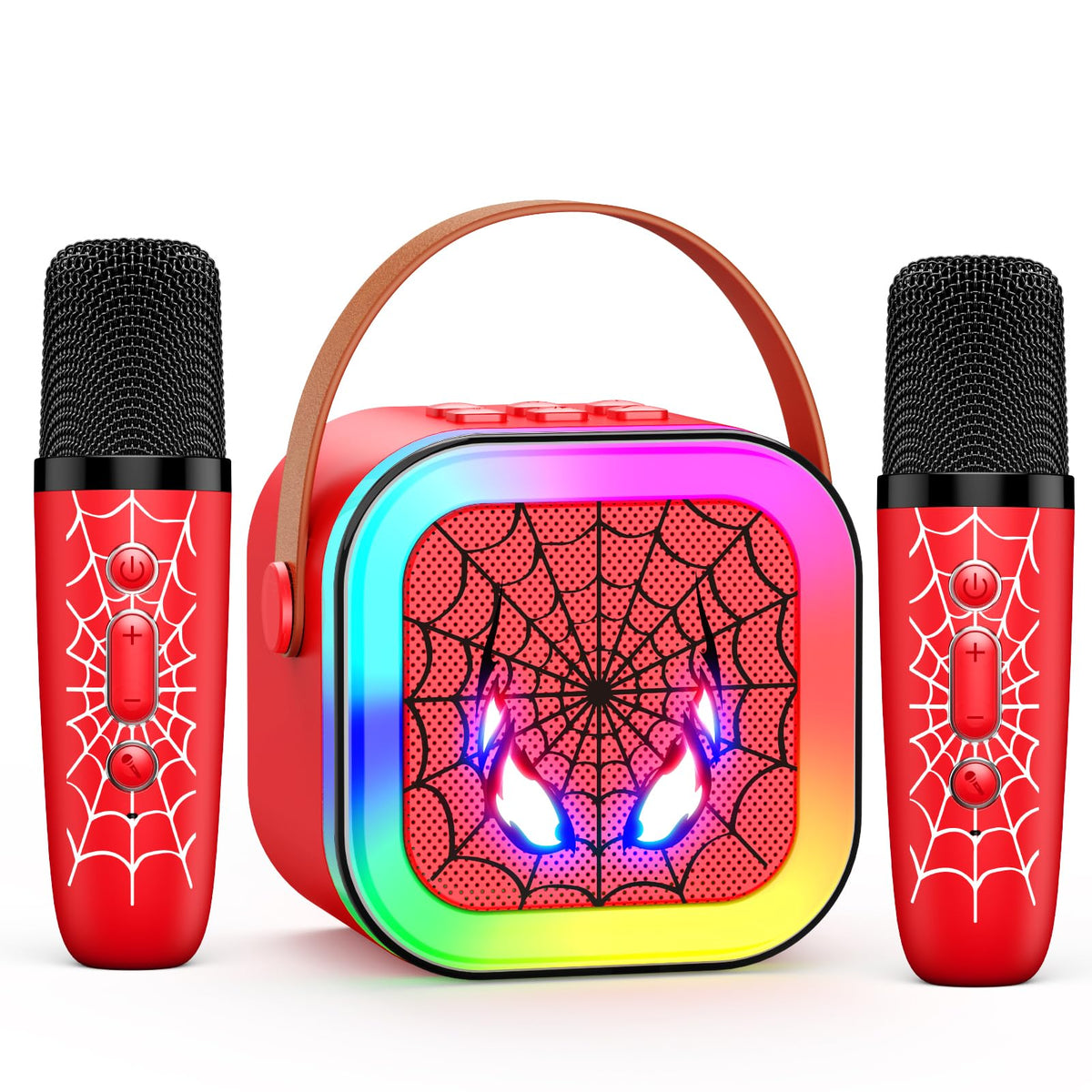 JovialToyz LED karaoke machine front view with vibrant lights for family fun.