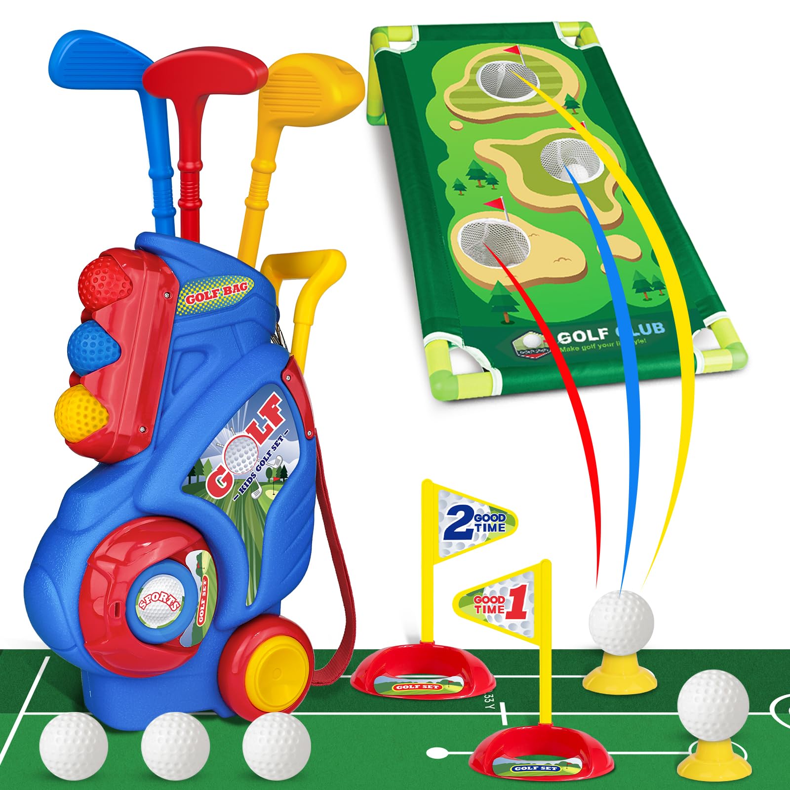 Jovizo toddler golf cart blue with handle and wheels for on-the-go play.