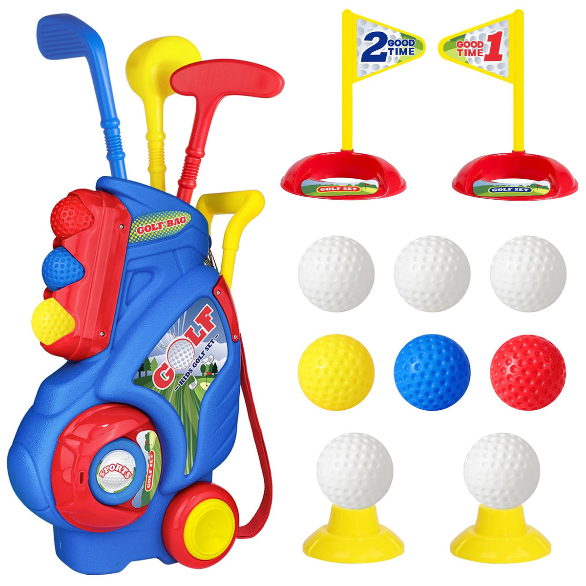 Jovizo toddler golf cart with retractable handle for easy pulling and storage.