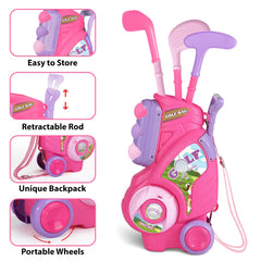 Jovizo toddler golf clubs set with putter, wood, and iron for varied practice.