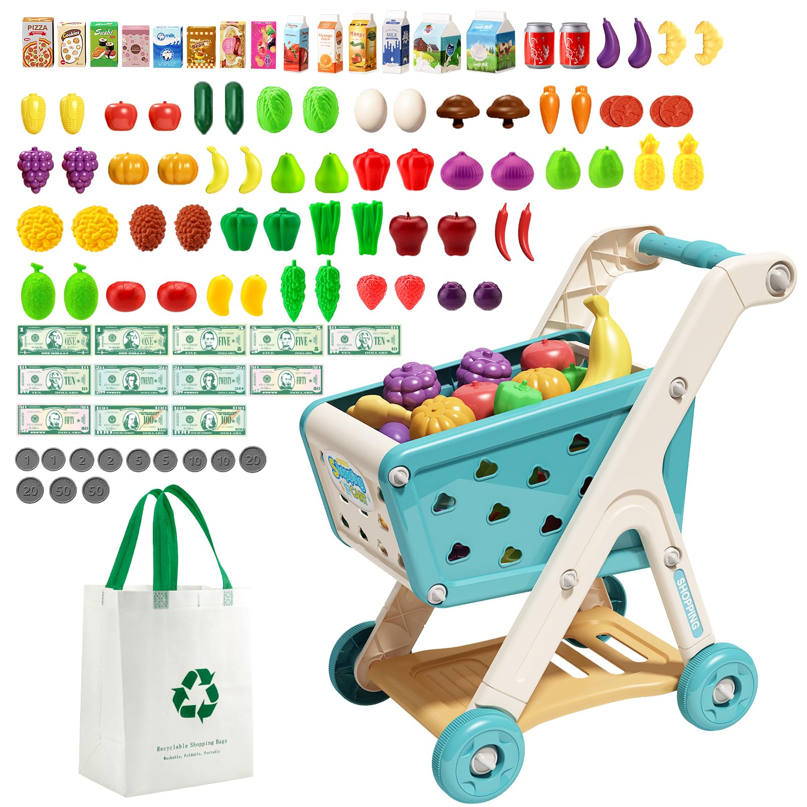 Jovow 102pcs Kids Shopping Cart Play Set front view with colorful fruits