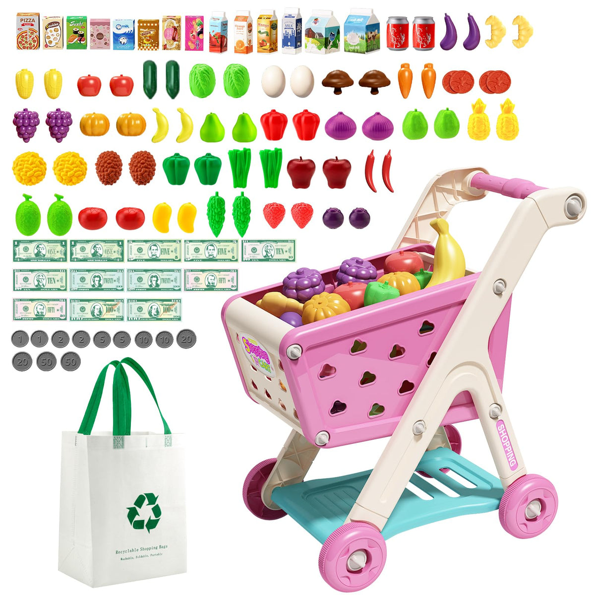 Jovow 102pcs pink shopping cart with assembly parts for quick setup and pretend play.