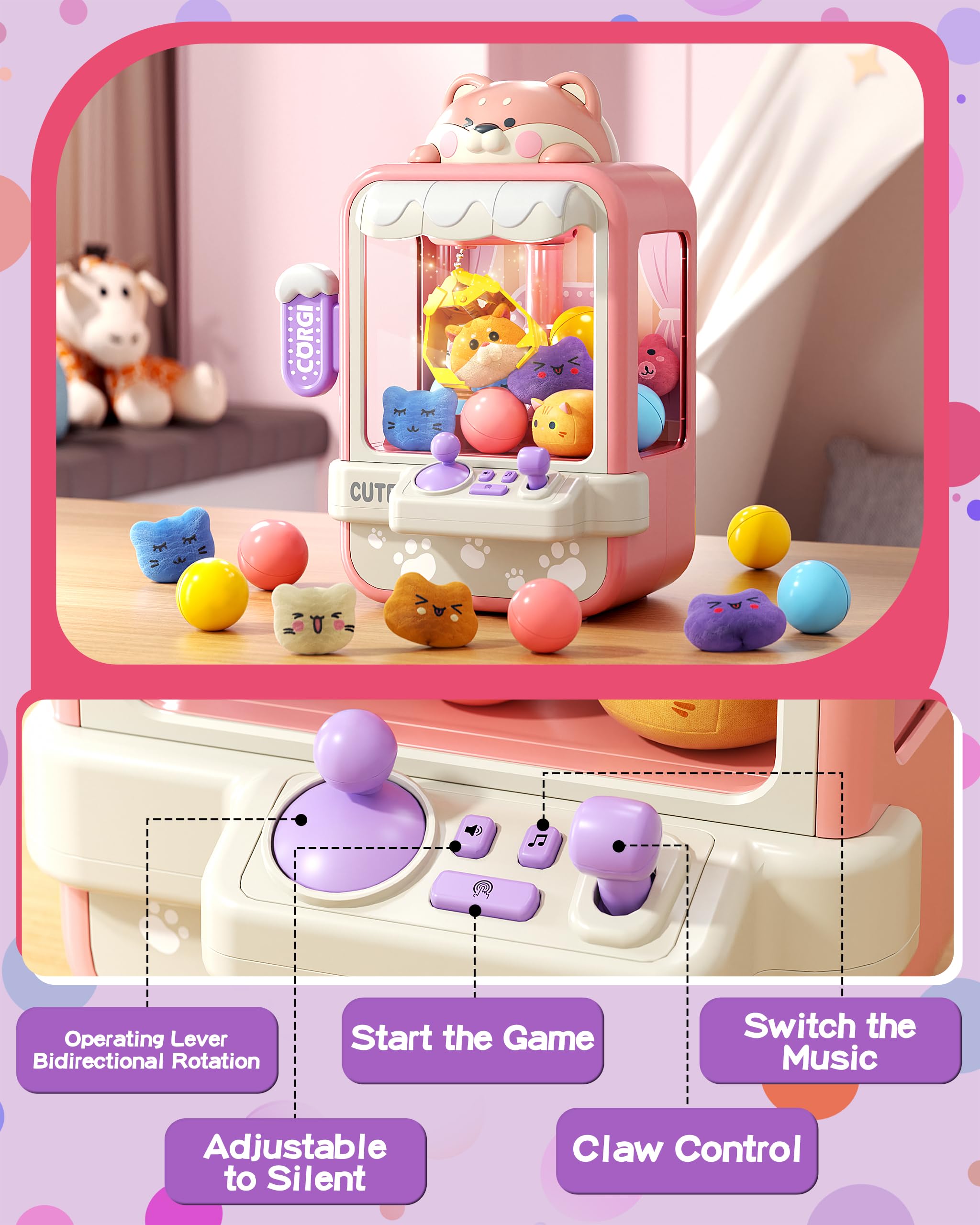 Jovow Claw Machine 360-degree claw action enables easy prize grabbing.