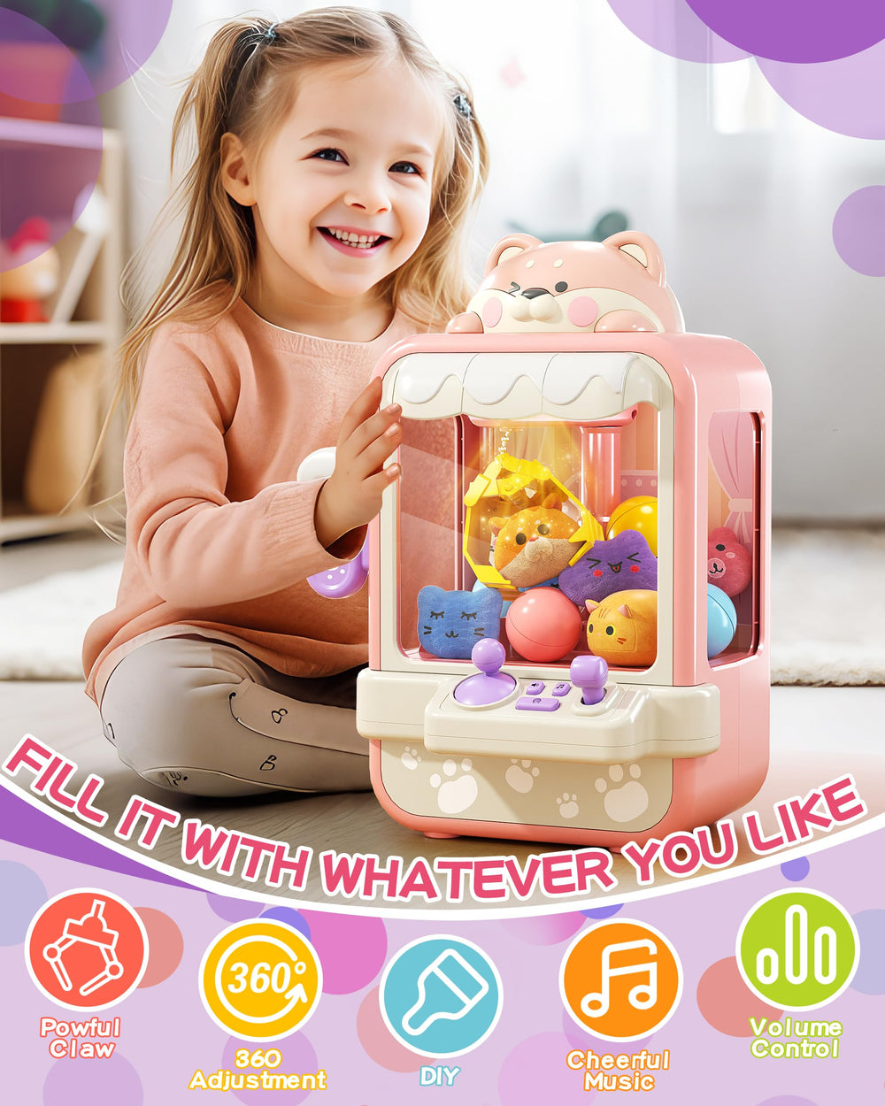 Jovow Claw Machine with music mode supports lively, adjustable play sessions.