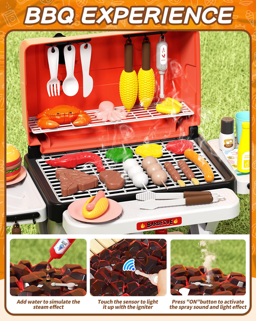 Jovow Kids BBQ Grill Playset features double-layer grill for expanded meal ideas.