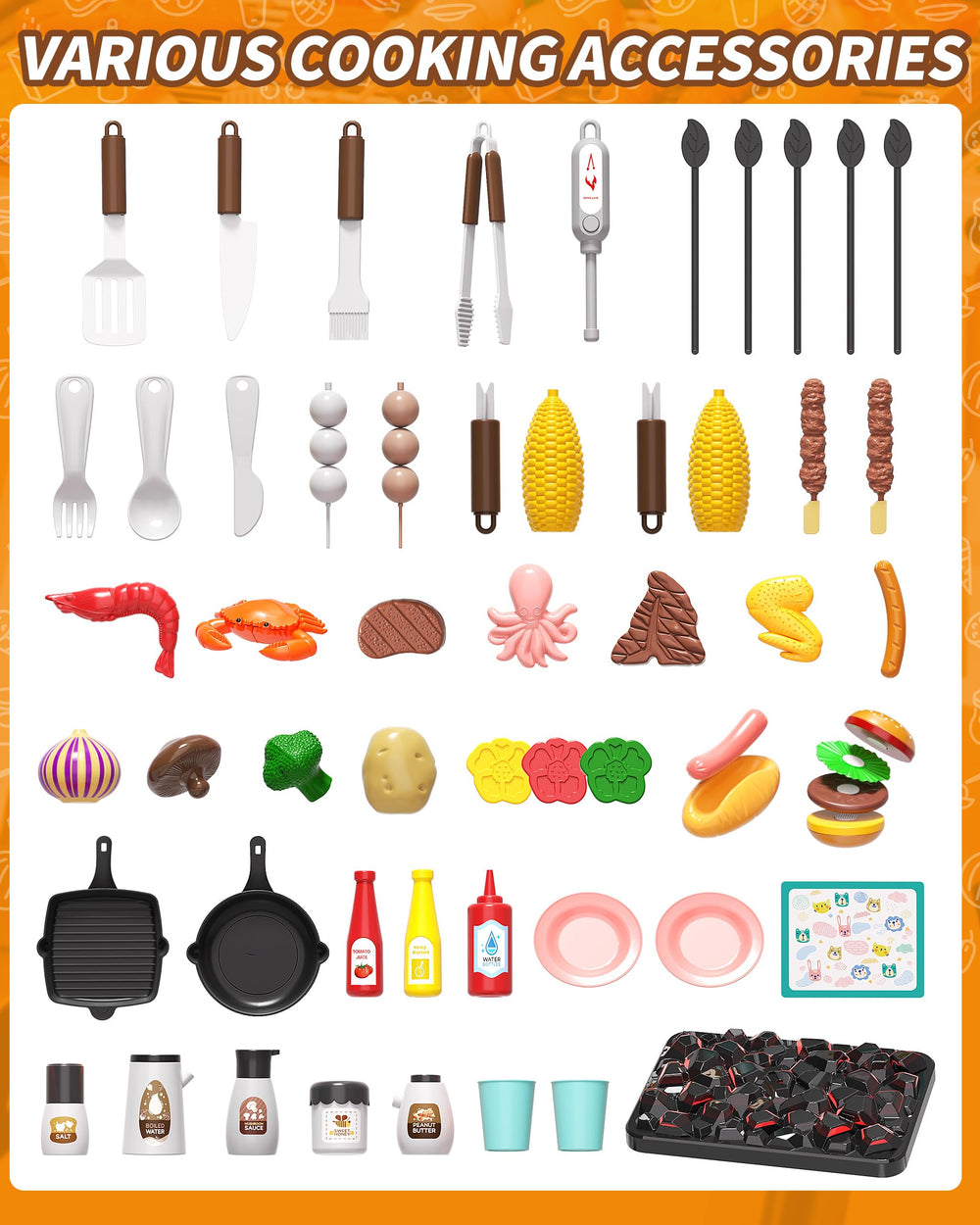 Jovow Kids BBQ Grill Playset shows water-smoke-effects for immersive pretend play.