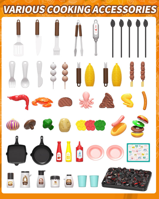 Jovow Kids BBQ Grill Playset shows water-smoke-effects for immersive pretend play.