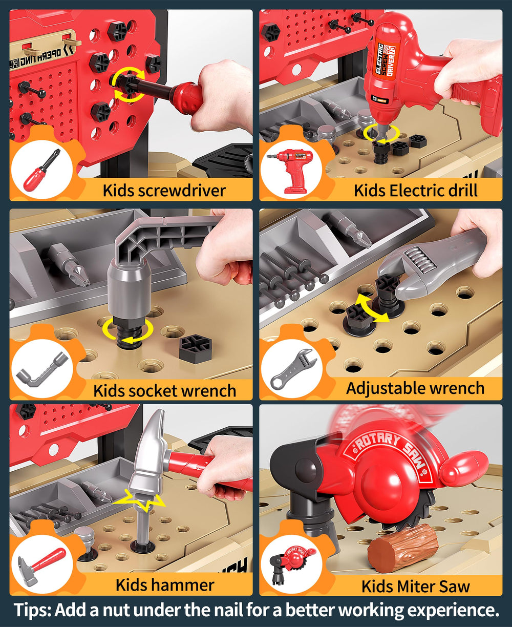 Jovow Kids Tool Bench children in engineer suit enjoy role-play and creative exploration.