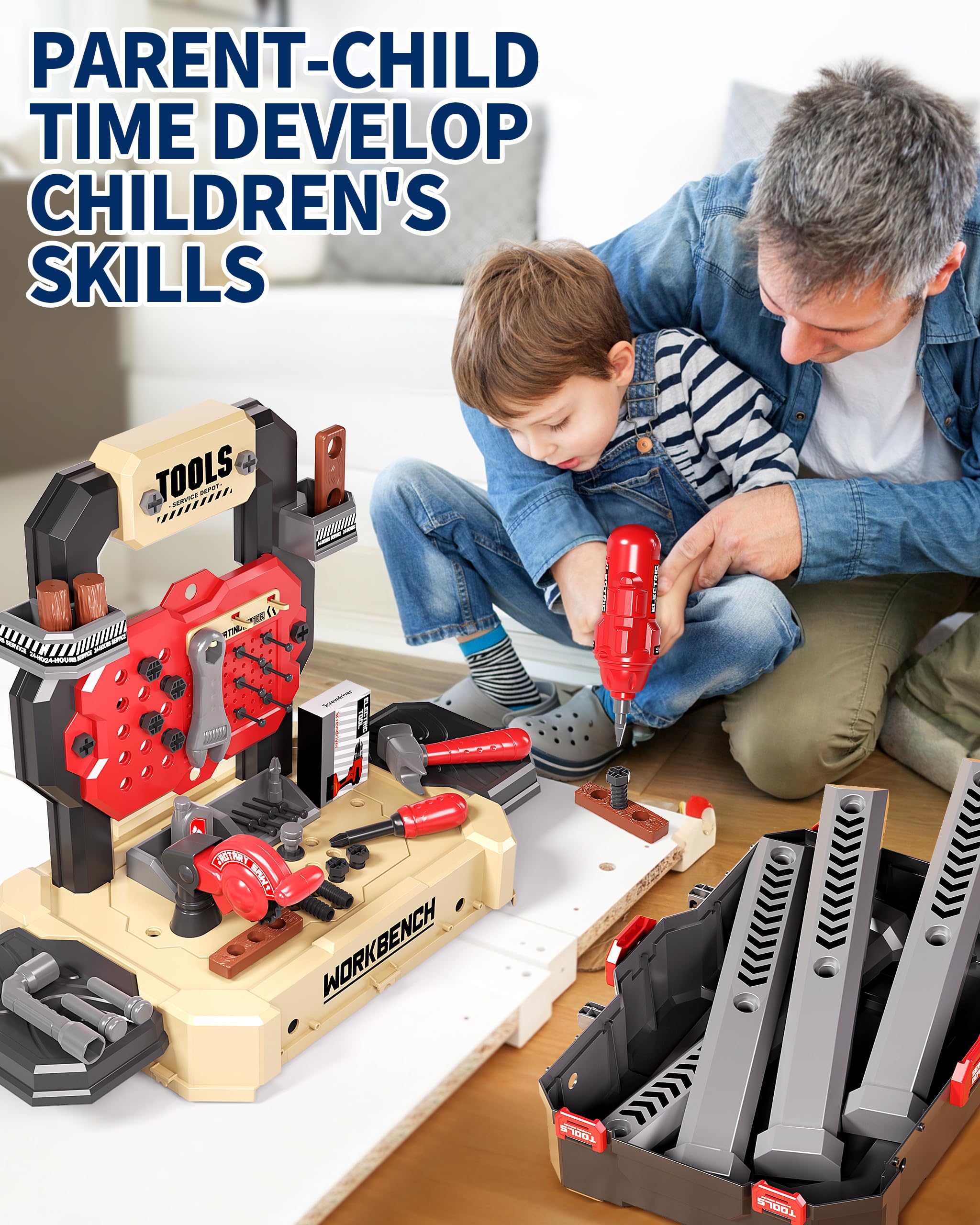 Jovow Kids Tool Bench electric drill adds authentic sounds for engaging pretend building.