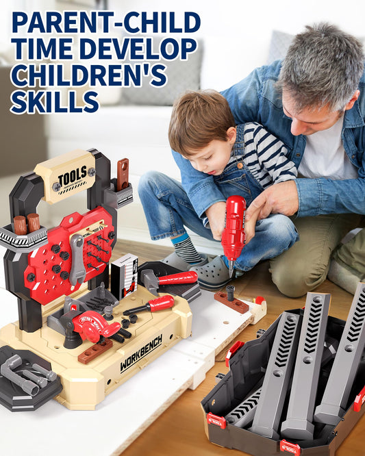 Jovow Kids Tool Bench electric drill adds authentic sounds for engaging pretend building.