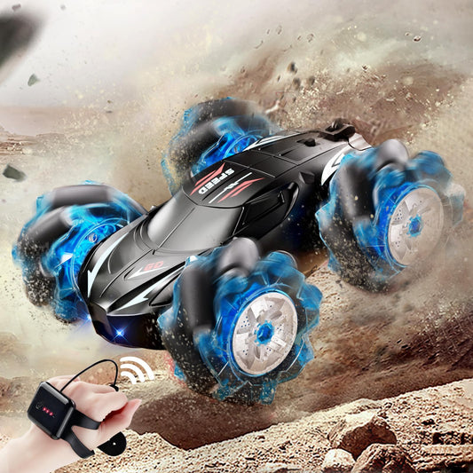 Jovow RC Stunt Car blue rear view with lights and off-road tires