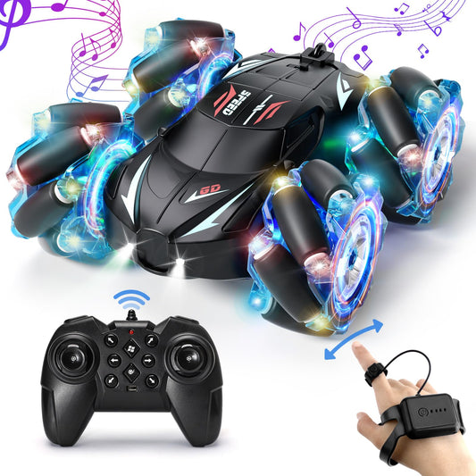 Jovow RC Stunt Car blue side view showing dual-sided drive and flips