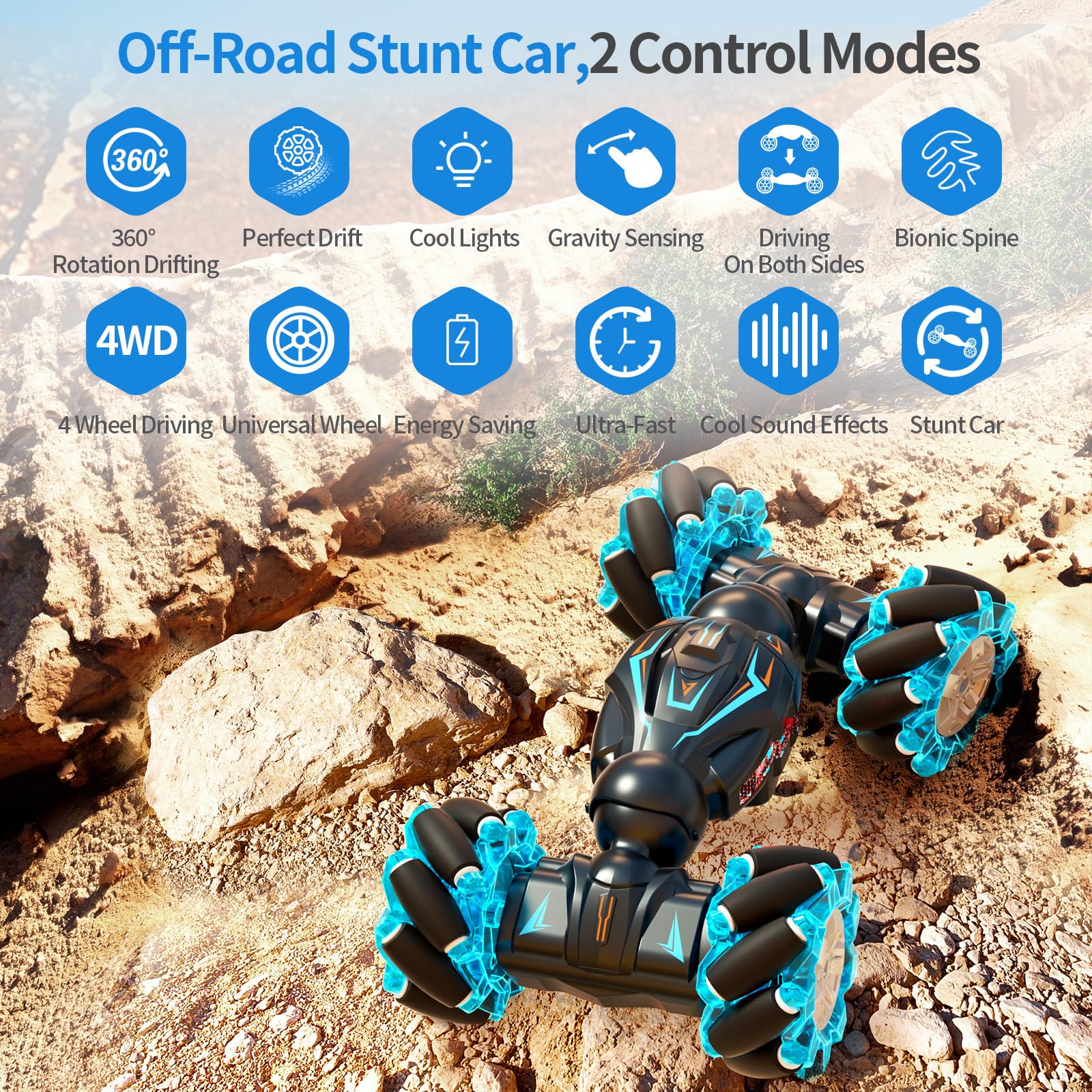 Jovow RC stunt car LED lights and music enhance night play and excitement
