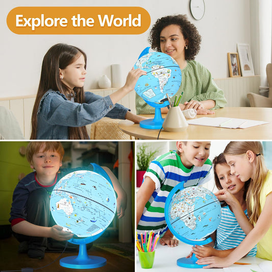 Close-up of JOWHOL globe animal illustrations highlighting wildlife and culture