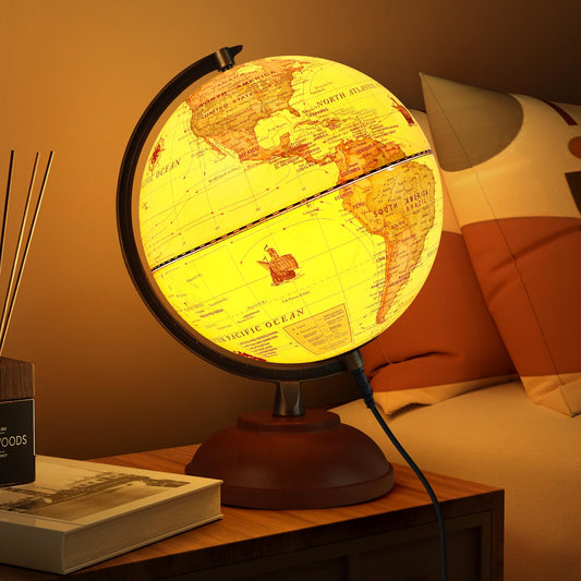 JOWHOL illuminated globe with wood stand lights up maps for night study