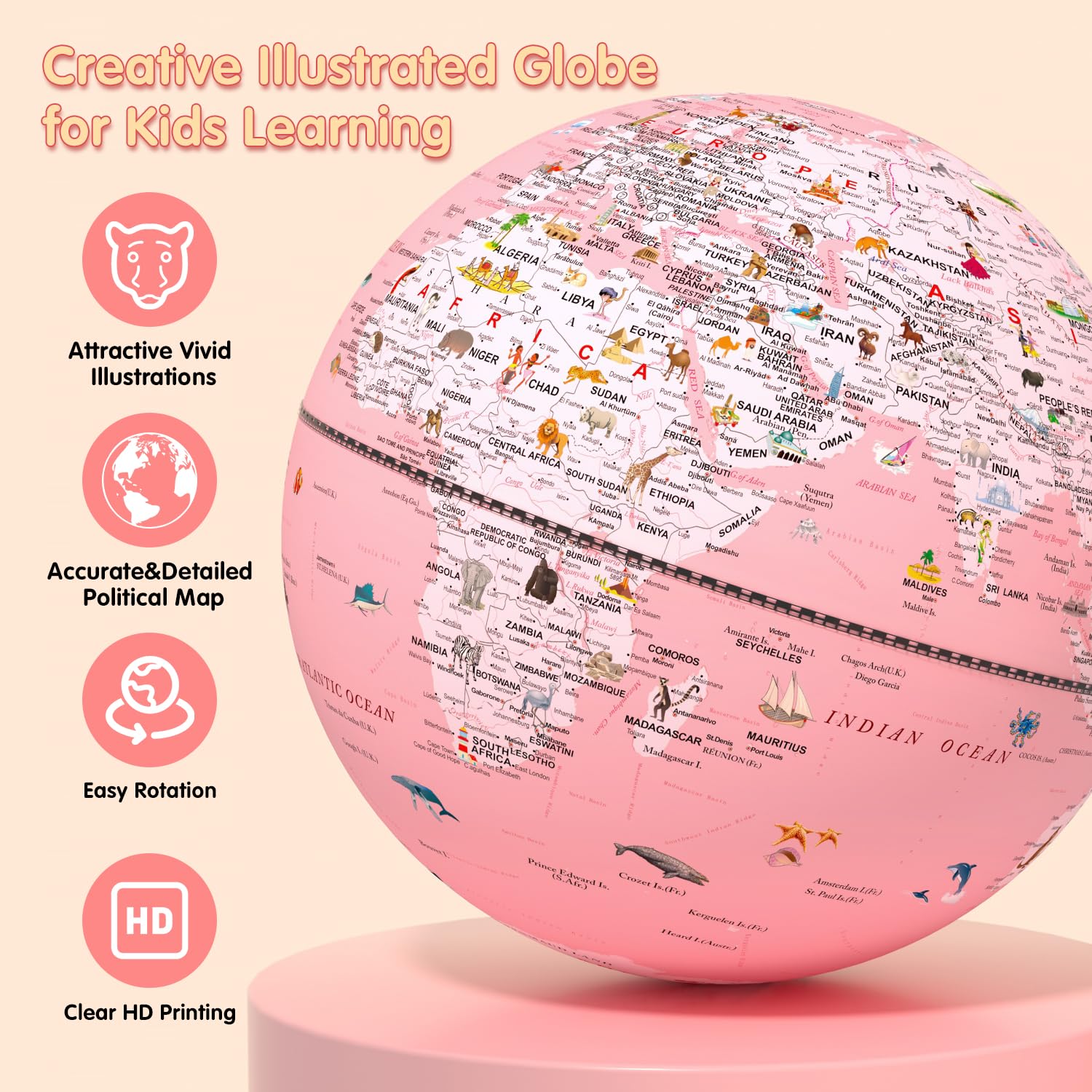 JOWHOL pink globe night light provides soft illumination for bedtime rooms.