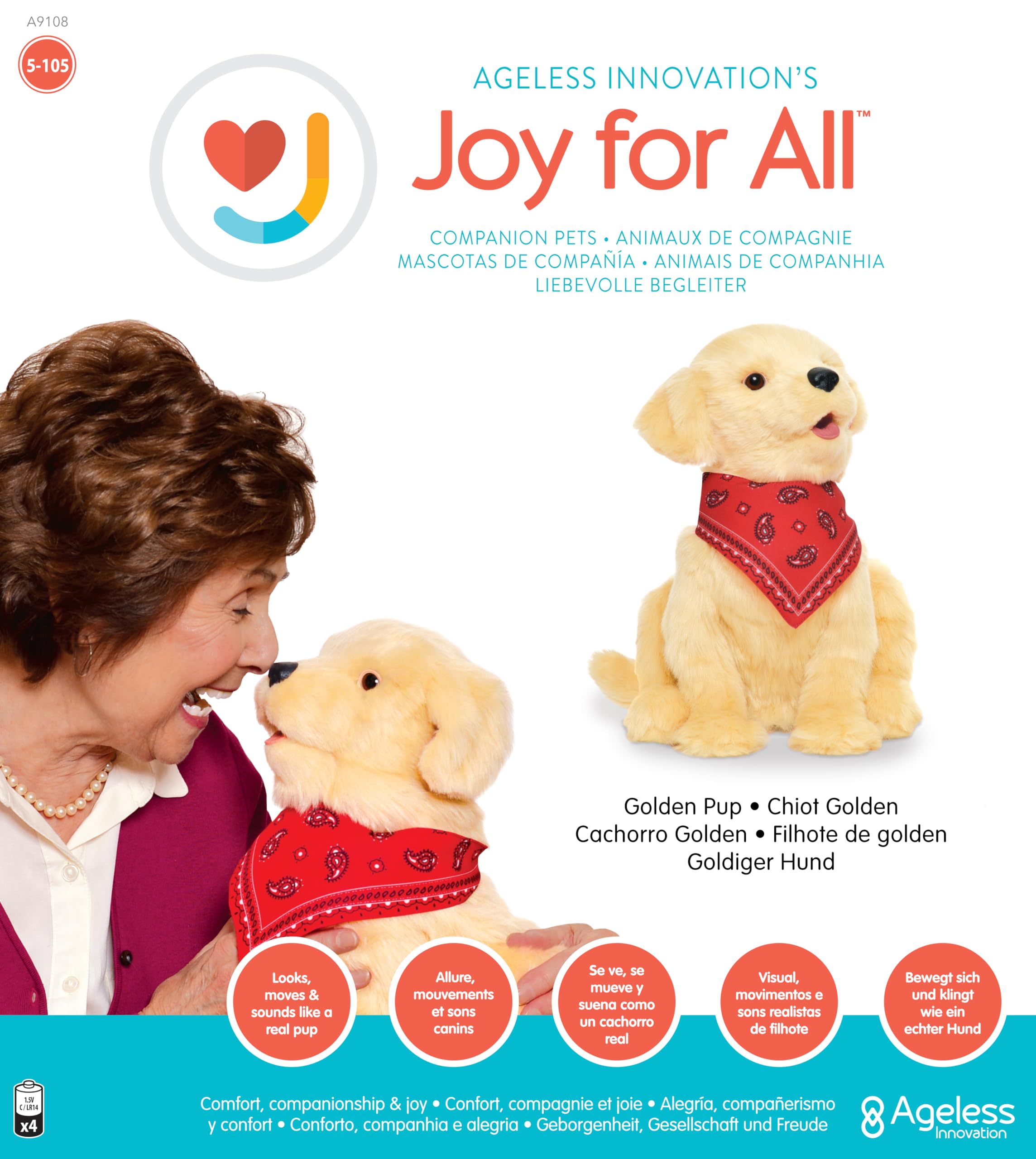 JOY FOR ALL Golden Pup head-tilt toward voice signals interactive play.