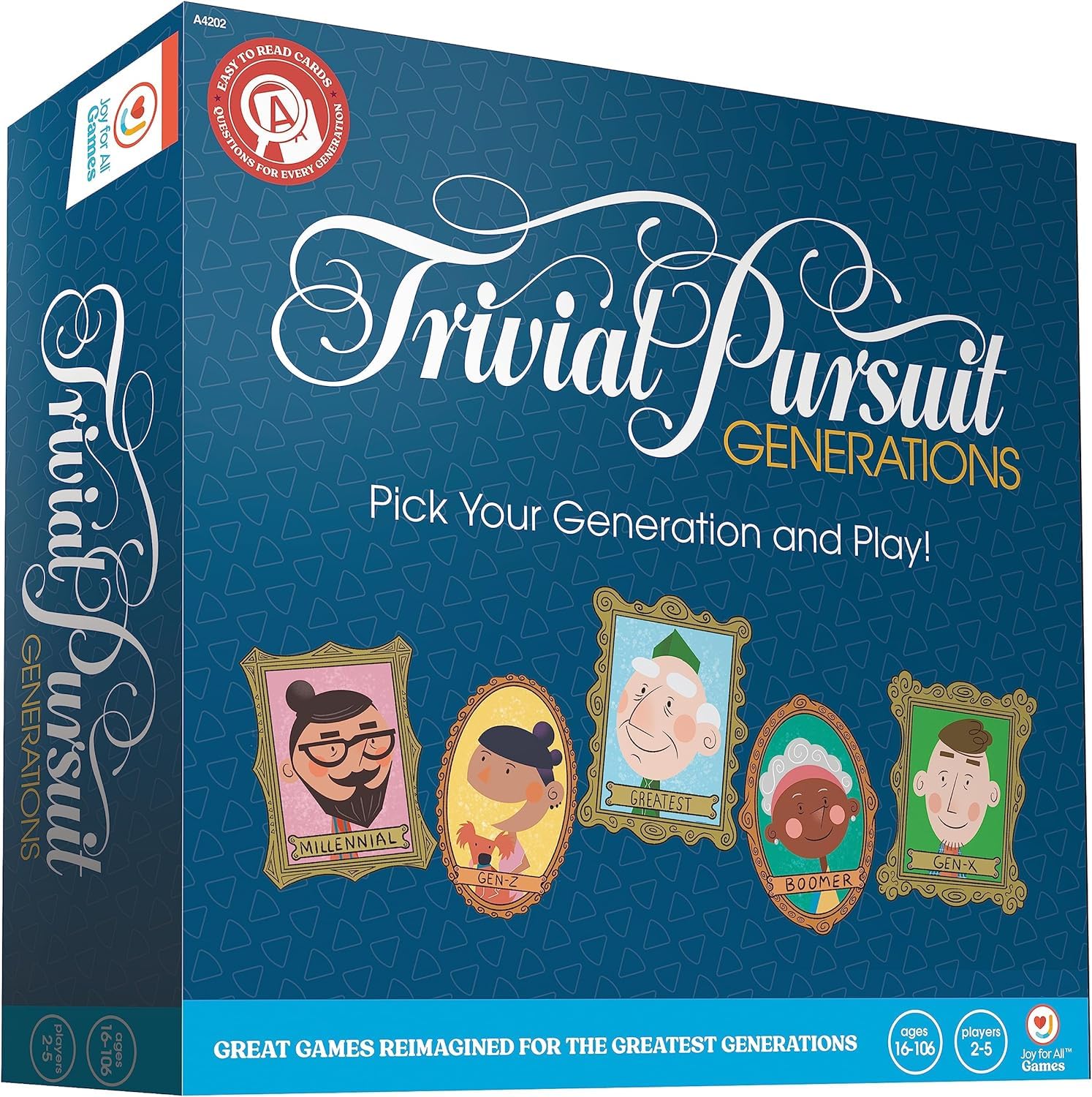 Joy for All Trivial Pursuit Generations box with large-print design for easy reading.