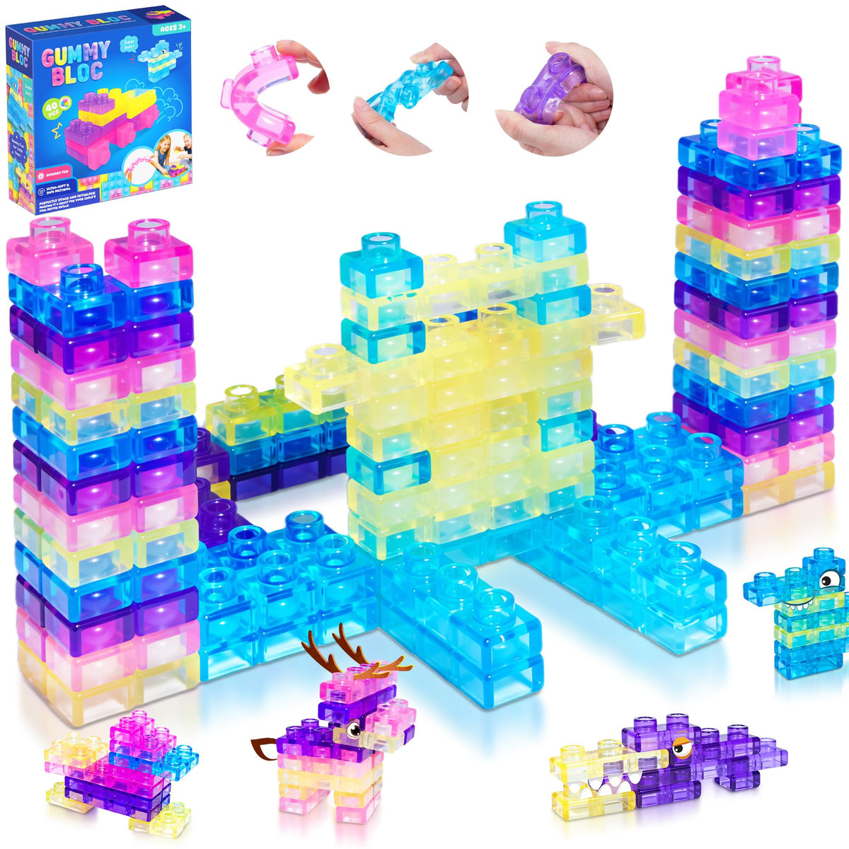 JOY SPOT! 40-piece sensory blocks, top view, ideal for safe toddler exploration and stacking.