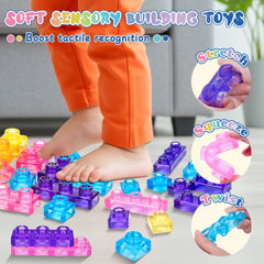 JOY SPOT! Blocks interlock and twist, easy cleanup, great for on-the-go learning.