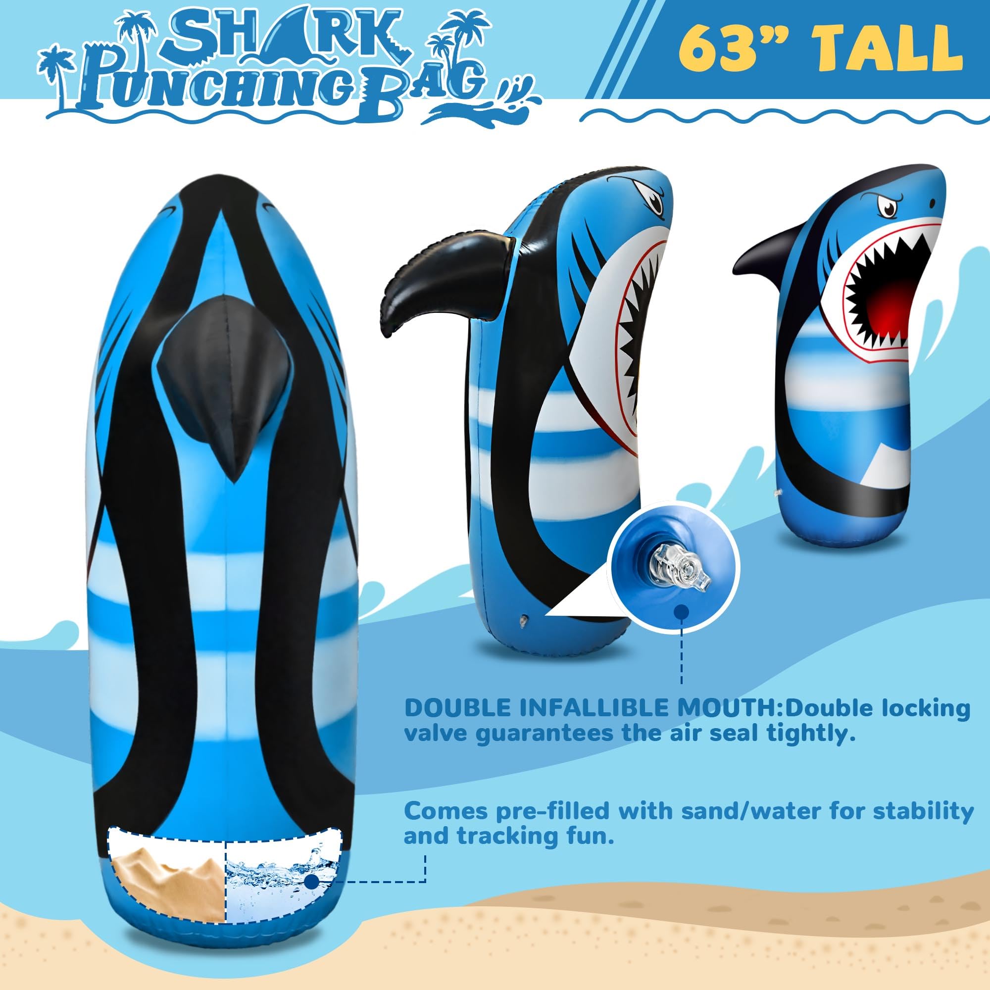 JOY SPOT! Shark punching bag base filled with water for stable, safe play.