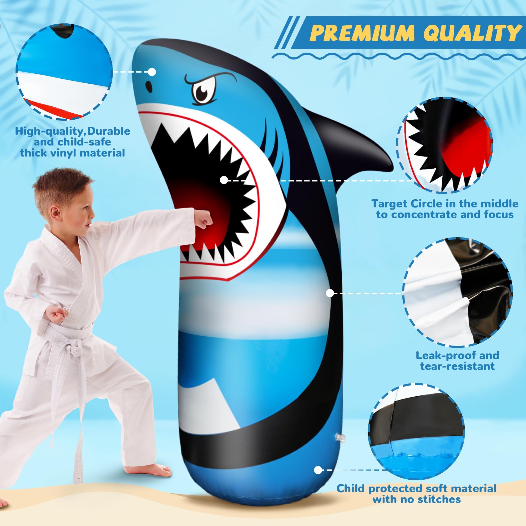 JOY SPOT! Shark punching bag bounce-back action ready for repeated hits.