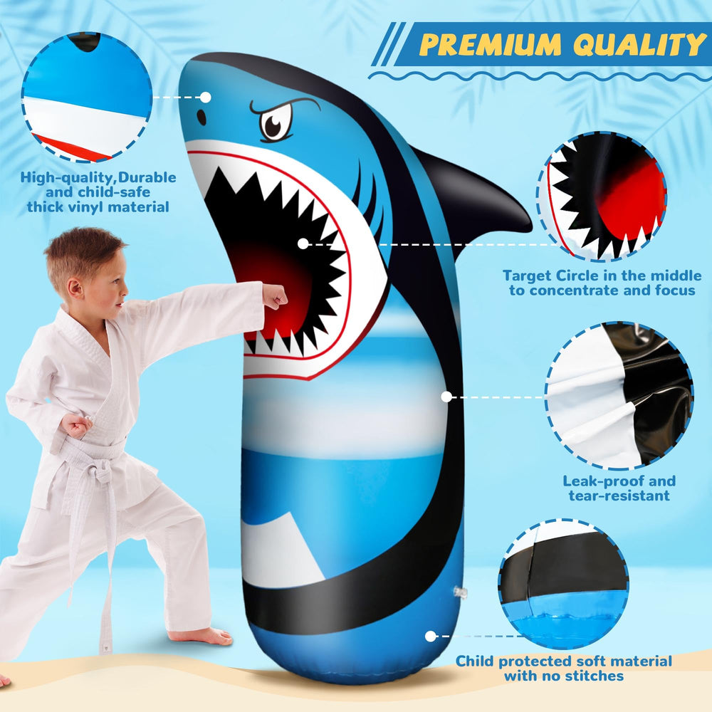 JOY SPOT! Shark punching bag bounce-back action ready for repeated hits.