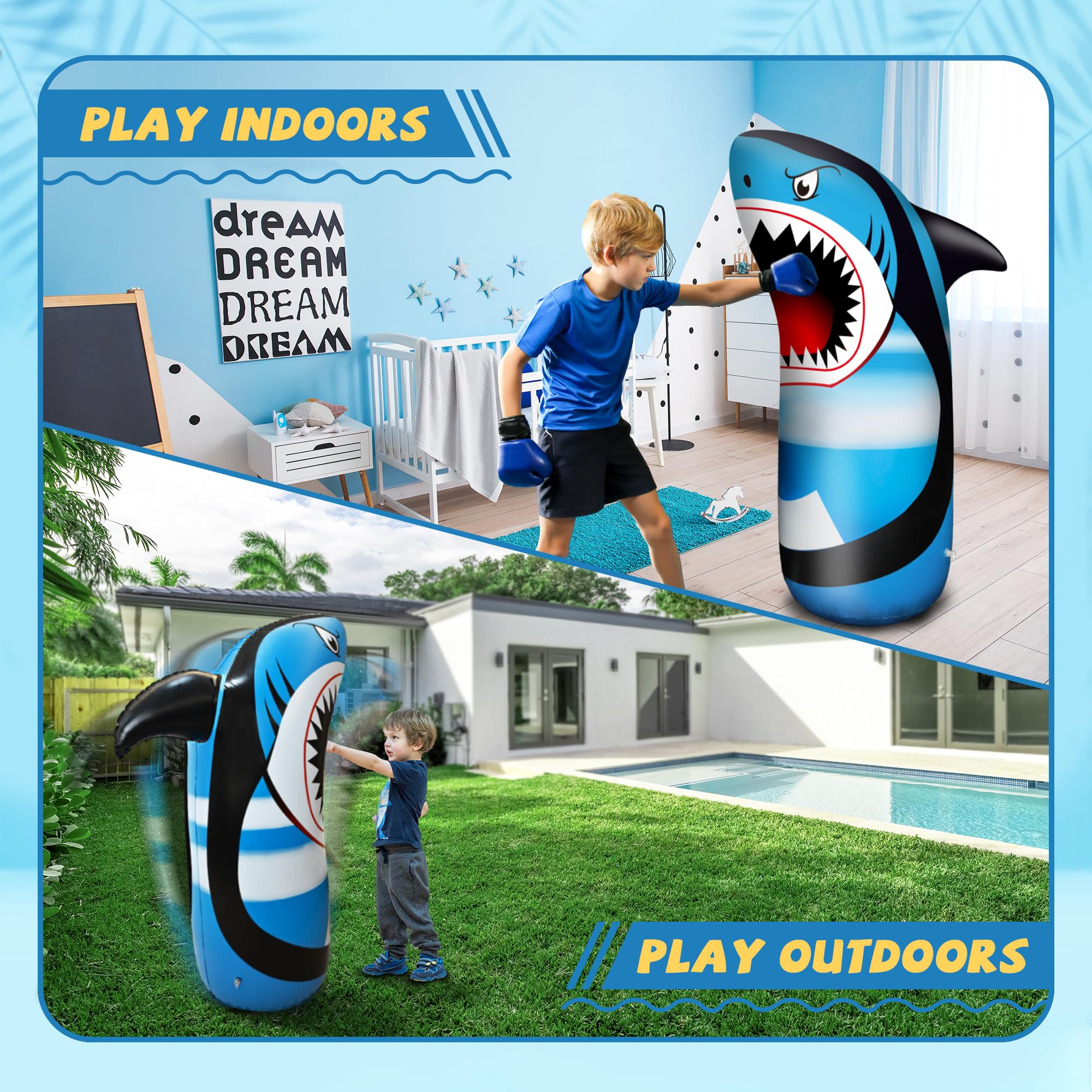 JOY SPOT! Central target circle on shark bag boosts boxing focus.