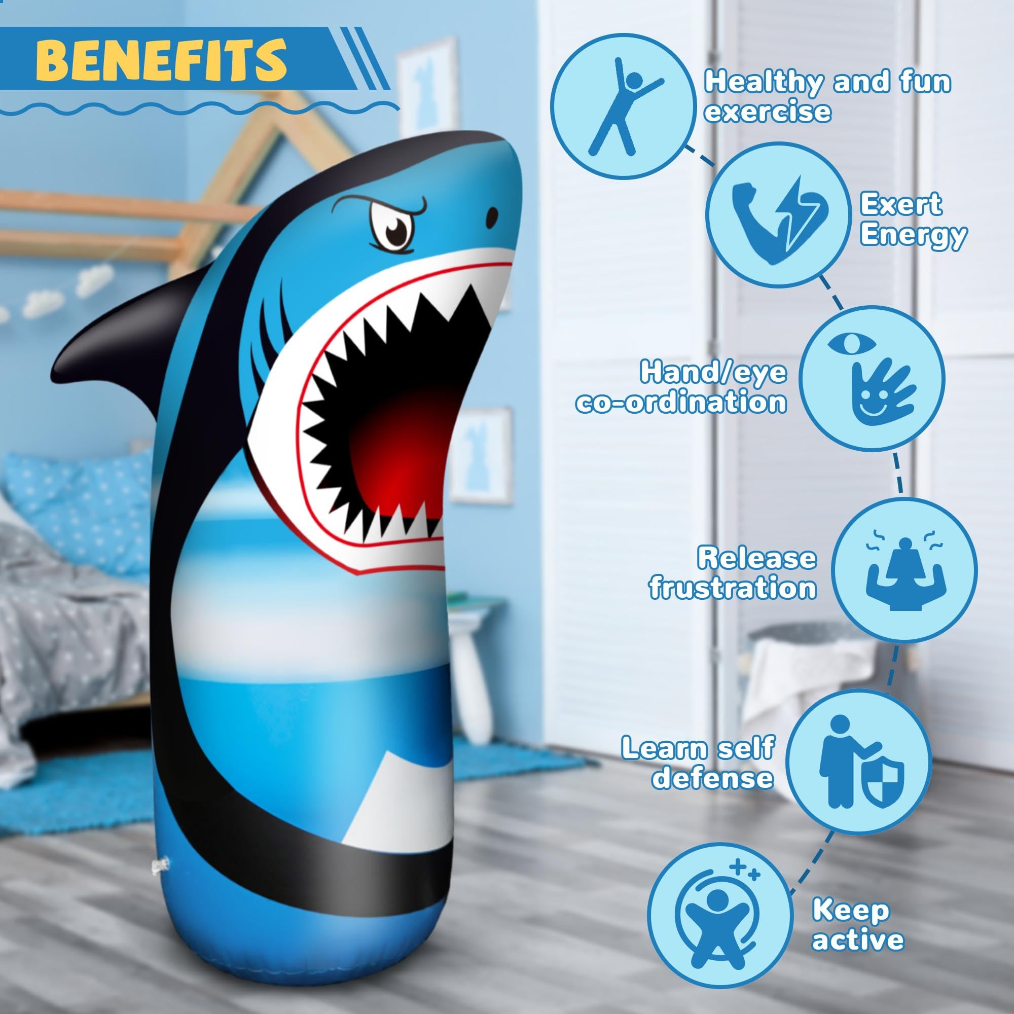 JOY SPOT! Shark inflatable bag doubles as a stress-relief toy at home.