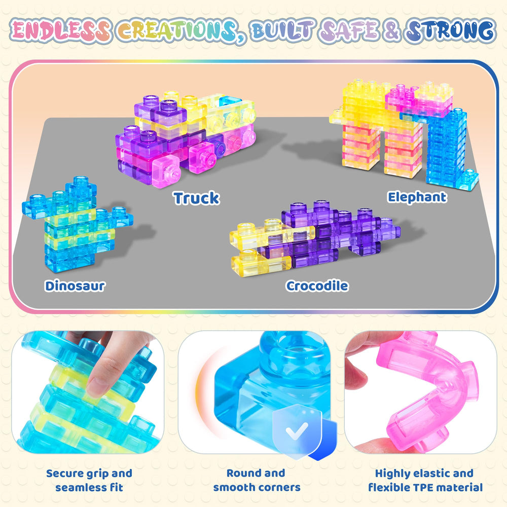 JOY SPOT! Squeezable blocks, grip-friendly, showcase elastic design for durable toddler fun.